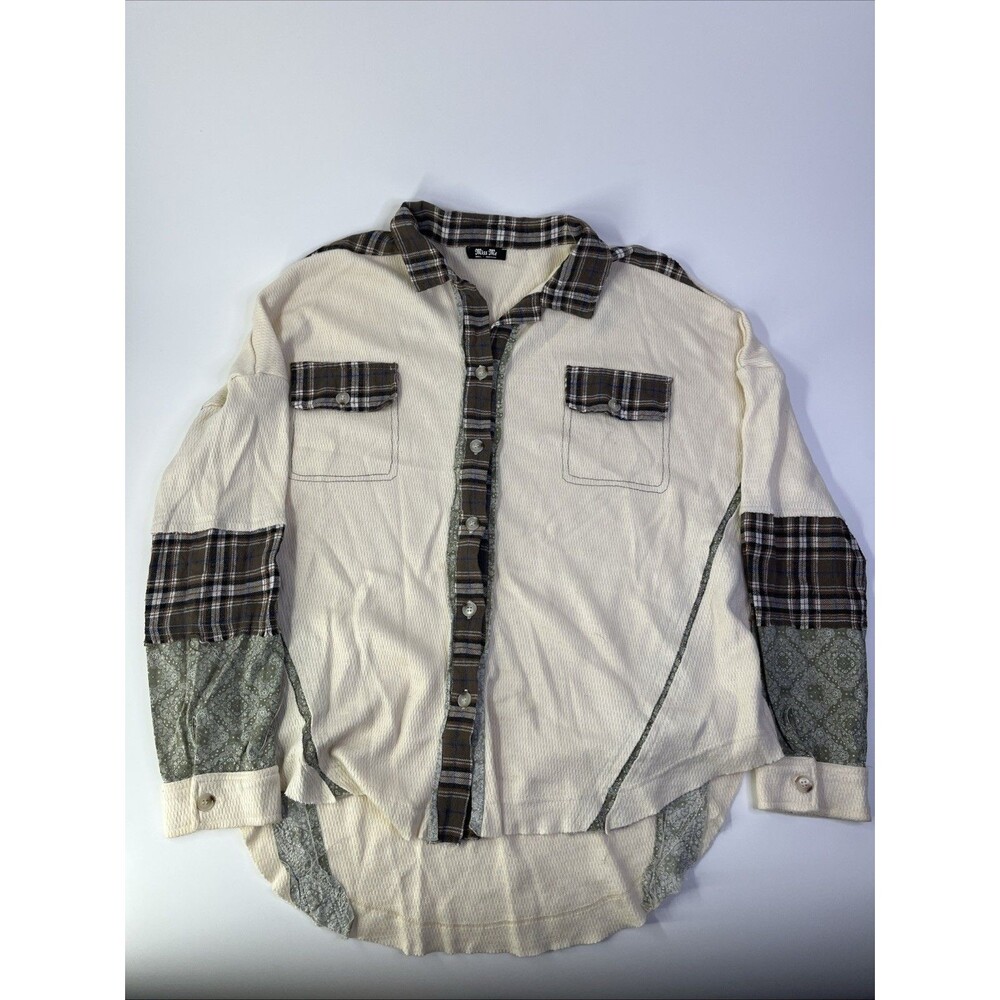 Miss Me Plaid Pieced Button Up Shirt Women’s Small Ivory Rayon Blend S